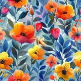 Handpainted watercolor multicolored spring flowers on a turquoise background.