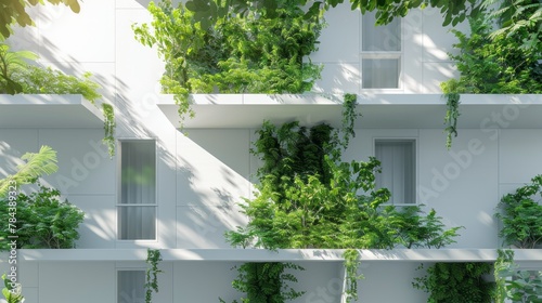 Stylish urban architecture featuring a white residential building adorned with a lush green plant wall