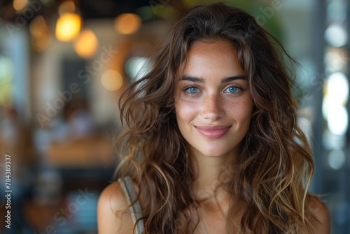 Radiant woman with curly tresses and striking blue eyes at a modern eatery