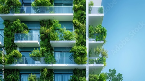Stylish urban architecture featuring a white residential building adorned with a lush green plant wall