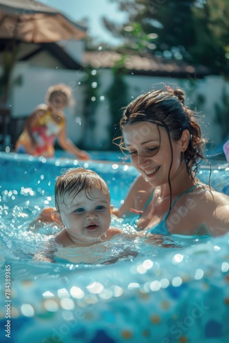 A woman and a child enjoying a swim in a pool. Perfect for family vacation concepts © Fotograf