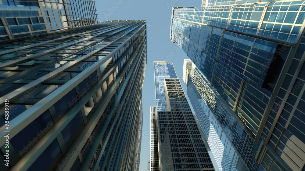 Tall buildings from below against the background of the sky city ​​scenery Panorama of skyscrapers