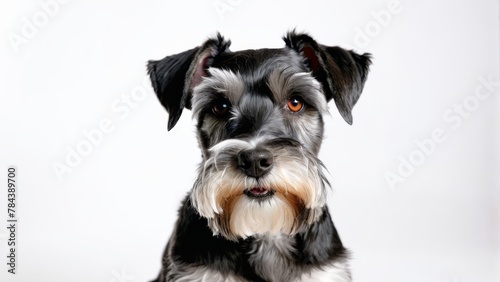  A tight shot of a dog against a pure white backdrop Black and gray hues define its form, as it gazes into the lens with an earnest expression