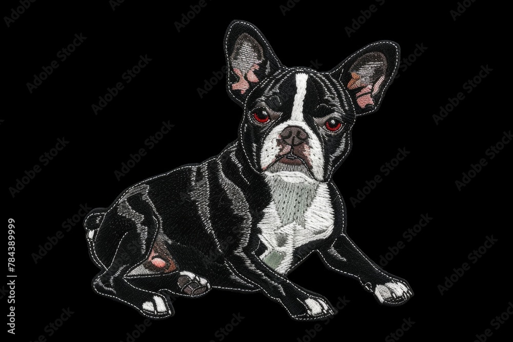 Detailed embroidered illustration of a seated French bulldog in classic black and white tones
