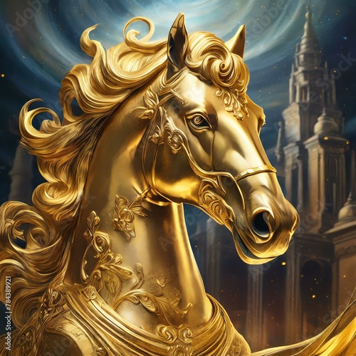 a golden statue of a horse  capturing its majestic presence and timeless allure
