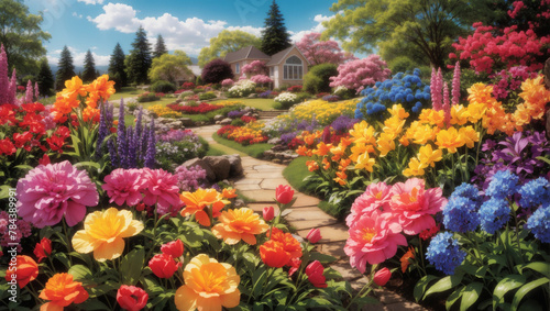 A garden path with many flowers of different colors  including yellow  orange  pink  and purple.  
