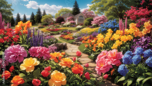 A garden path with many flowers of different colors, including yellow, orange, pink, and purple.