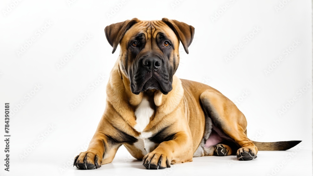   A large brown dog rests atop a white floor Nearby, another dog - black and brown in color - lies on the same white surface