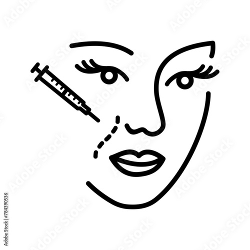 Nasolabial folds icon in vector, illustration of a woman with age-related changes on her face.  Wrinkles reducing. laser cosmetology. Contour symbol. Vector isolated outline drawing. 
