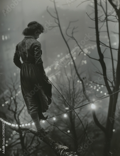 Silhouette of woman on wire above lights