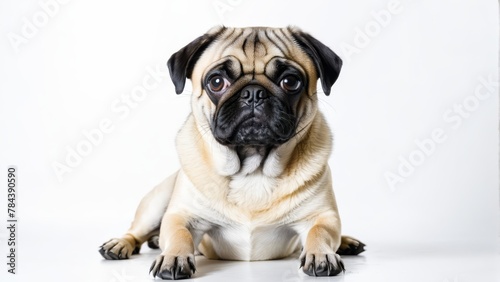  A sad Pug in close-up, seated against a pristine white backdrop © Viktor
