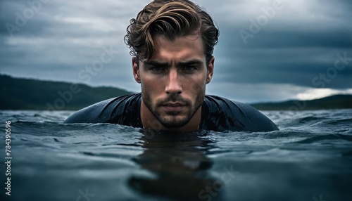  A man swims with his head above the water, gazing at the camera