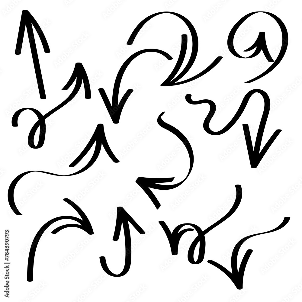 Arrows set. Hand drawn arrows. Collection of black arrows of different directions. Thick arrows drawn with an oval brush