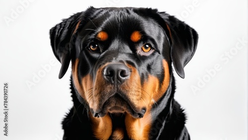  A tight shot of a black-brown dog with an orange marking on its face against a pristine white backdrop