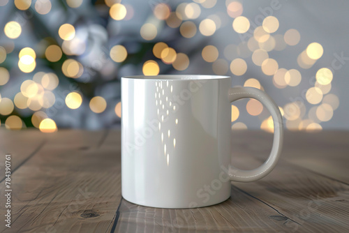 White coffee mug mockup on blurred background with bokeh lights