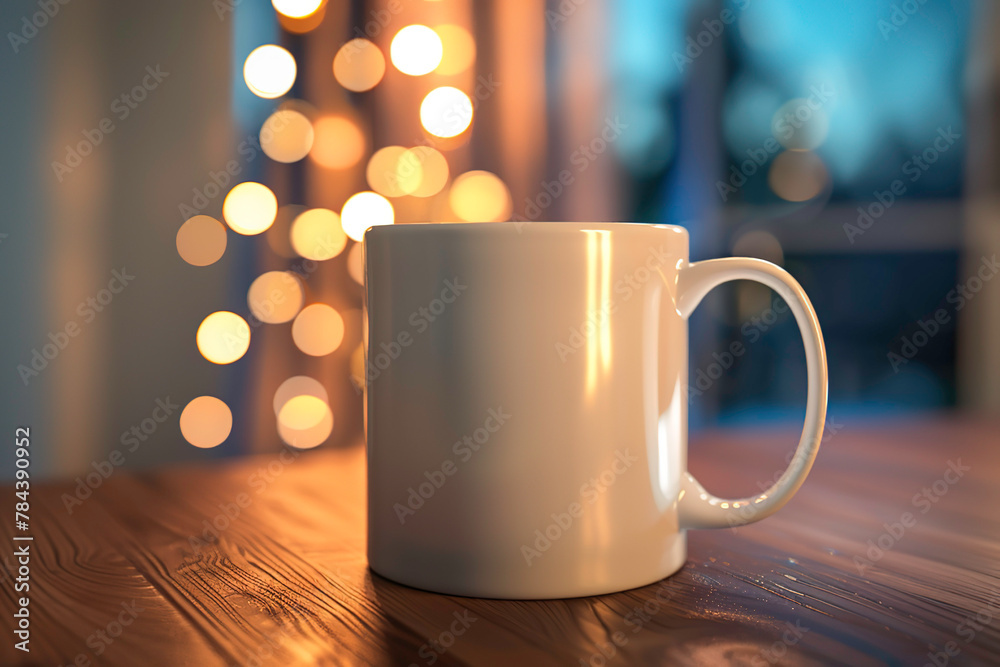 White coffee mug mockup on blurred background with bokeh lights