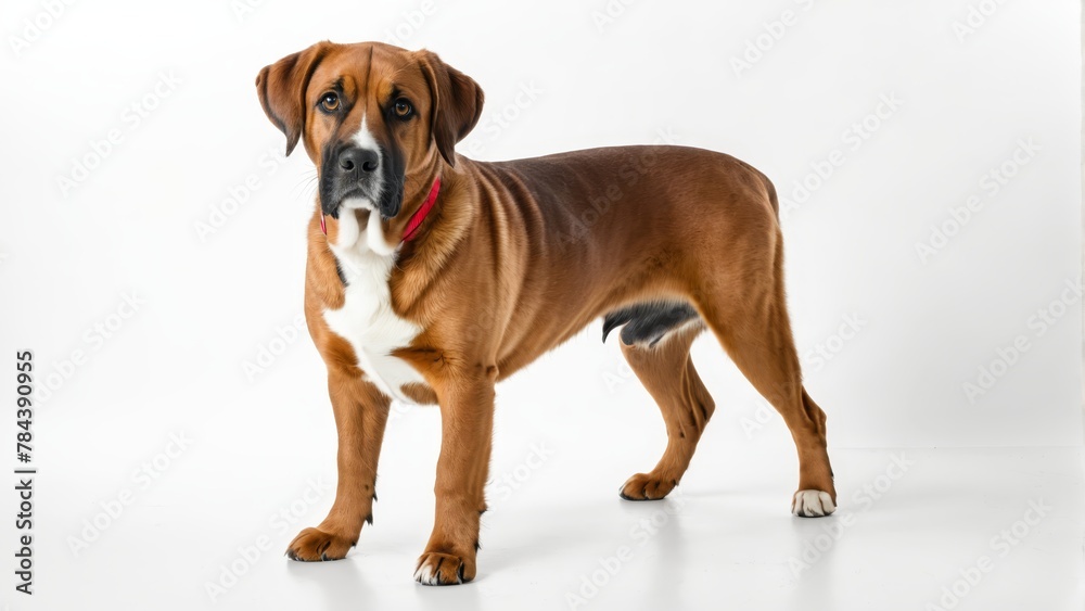   A large brown-and-white dog, standing on a white surface, wears a red collar It gazes directly at the camera