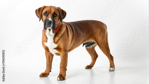   A large brown-and-white dog  standing on a white surface  wears a red collar It gazes directly at the camera