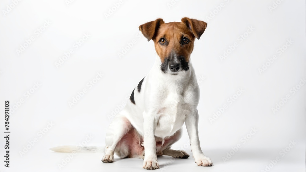   A small brown and white dog sits on a white floor, gazing at the camera with sadness