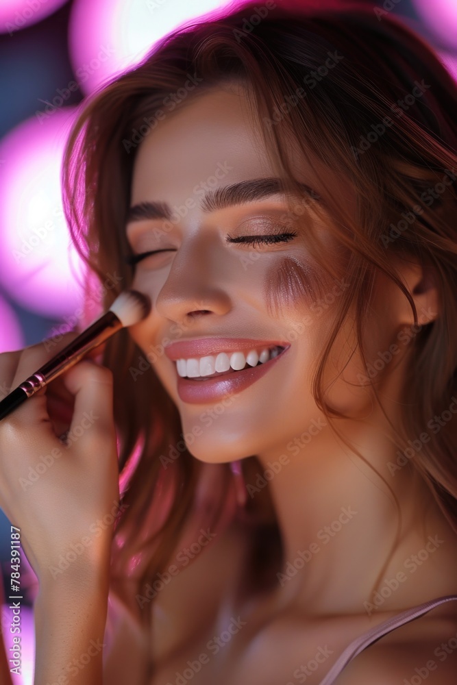 A woman happily applying her makeup, suitable for beauty and lifestyle concepts A woman happily applying her makeup, suitable for beauty and lifestyle concepts