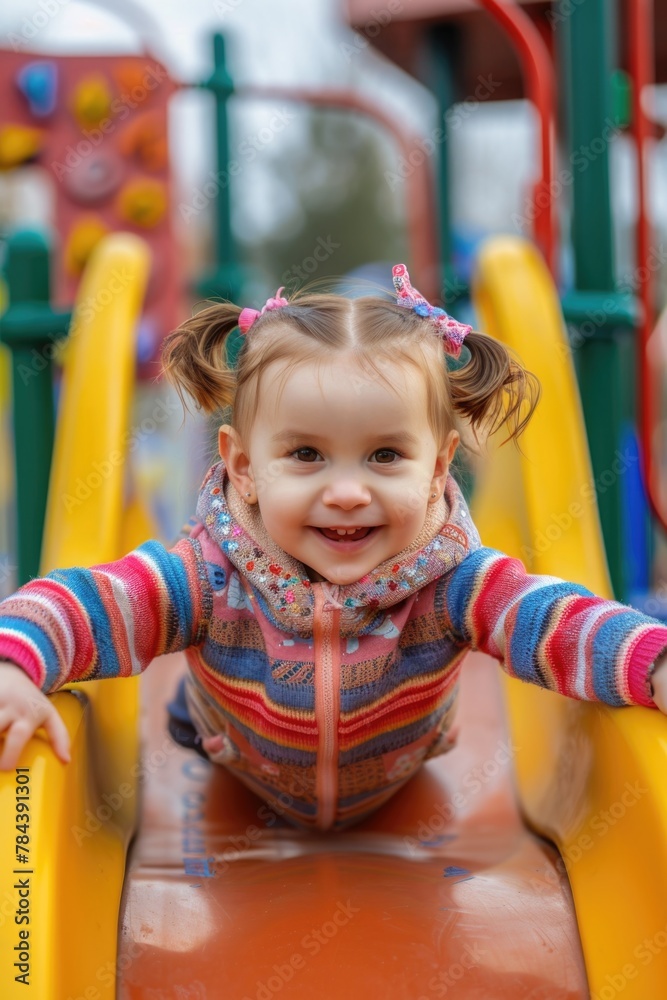 A little girl enjoying a slide in a playground. Great for children's activities promotion A little girl enjoying a slide in a playground. Great for children's activities promotion
