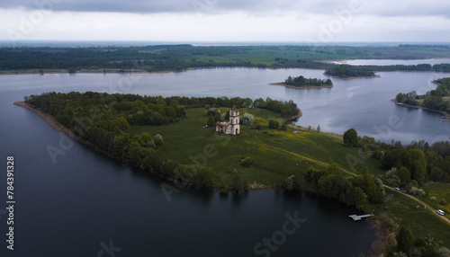 view of the old abandoned church on the peninsula and river from the high © Valentyn