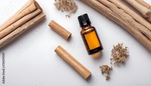 Essential oil on a clean background with some leaves. Crystals, Aesthetic. wellness, wellbeing.