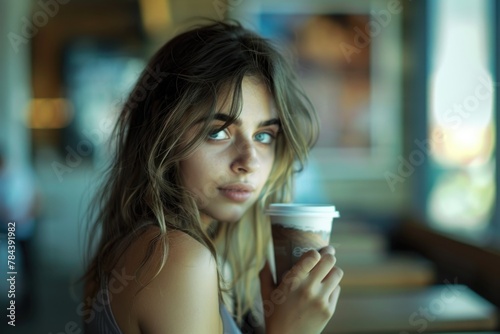 A beautiful woman holding a cup of coffee. Perfect for coffee shops and lifestyle blogs