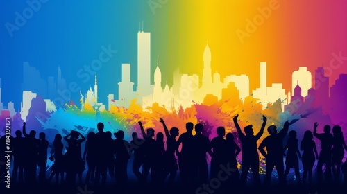 LGBTQ Pride Month parade of people on the city streets. People on liquid rainbow background. Human rights or diversity concept. LGBT banner