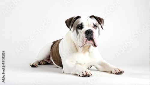  A large dog, white and brown in color, lies on a white floor against a plain white backdrop, its tongue extended