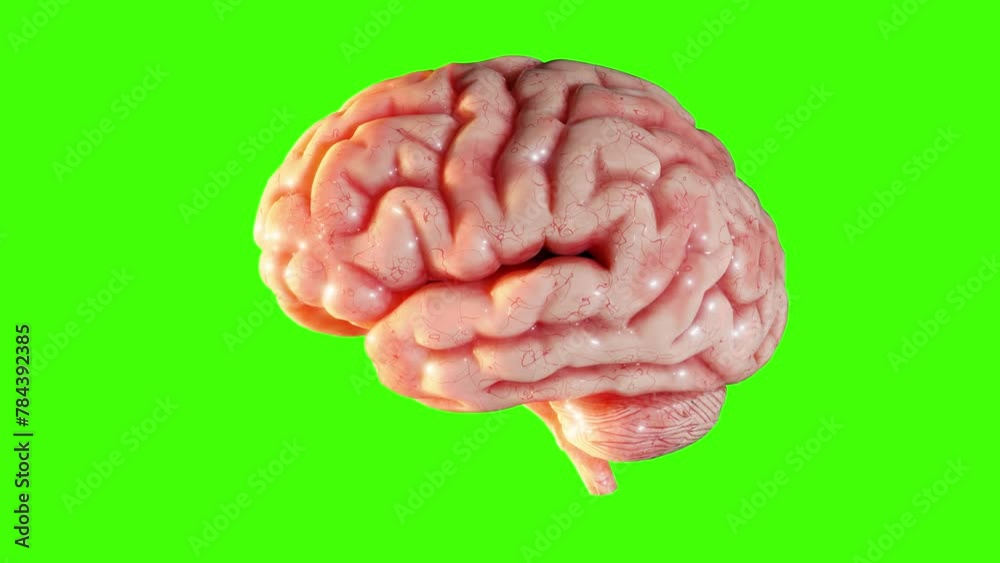 3D brain rotating isolated on green screen. Loop animation