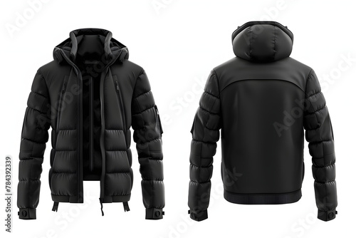 Black Down Jacket Mockup for Winter Sports. Blank Template of Polyester Ski Coat with Front, Back and Zippered Views Isolated on White