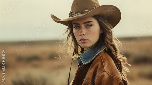 young cowgirl in hat, rancher posing in the country, concept of wild west and western photo