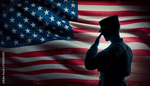 A soldier salutes the American flag. The flag is red, white, and blue,Memorial Day. photo