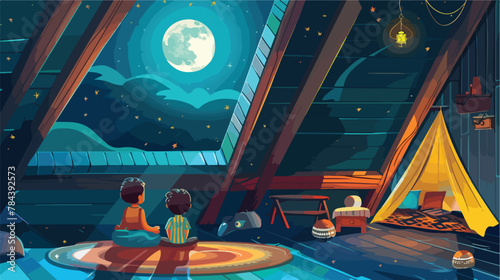 Vector attic interior at night with two kids watching moon