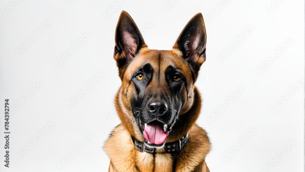   A tight shot of a dog's face with its mouth agape and tongue extended