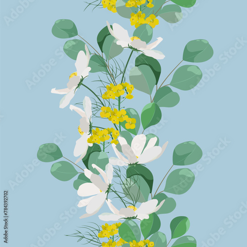 Vector seamless illustration with chamomile flowers and eucalyptus