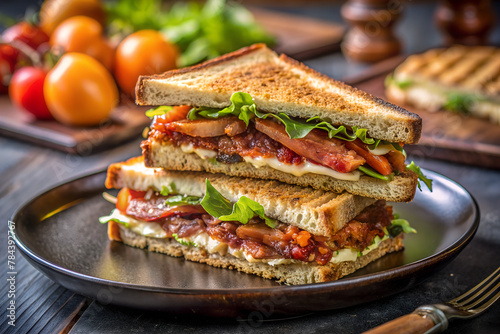 Close-up of a BLT sandwich on a dark plate, perfect for culinary themes