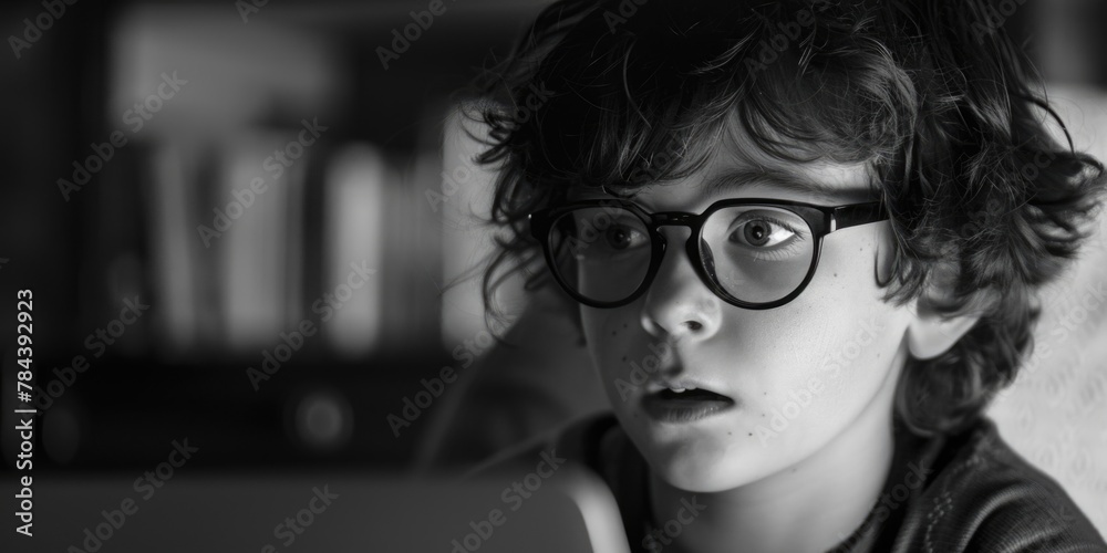 A young boy wearing glasses looking at a laptop screen. Suitable for educational or technology concepts A young boy wearing glasses looking at a laptop screen. Suitable for educational or technology concepts