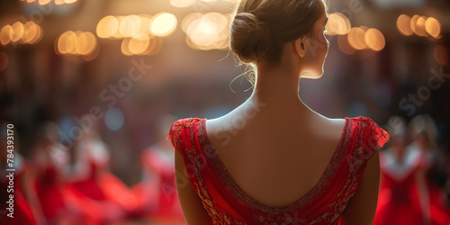 Rücken einer Balletttänzerin in einem roten Kleid photo