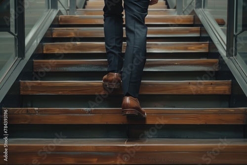 A man in a suit climbing a staircase. Suitable for business concepts