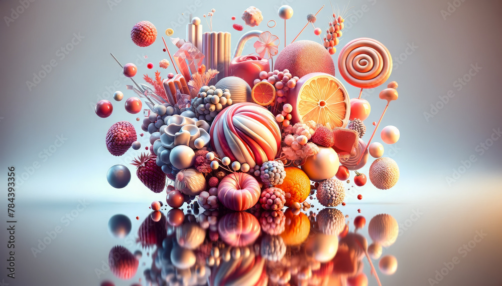 A cascade of candies and fruits creates a vibrant explosion of colours ...