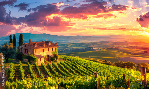 Idyllic Golden Hour Panorama: Lush Vineyards, Rolling Hills, and Rustic Farmhouse in Countryside Landscape