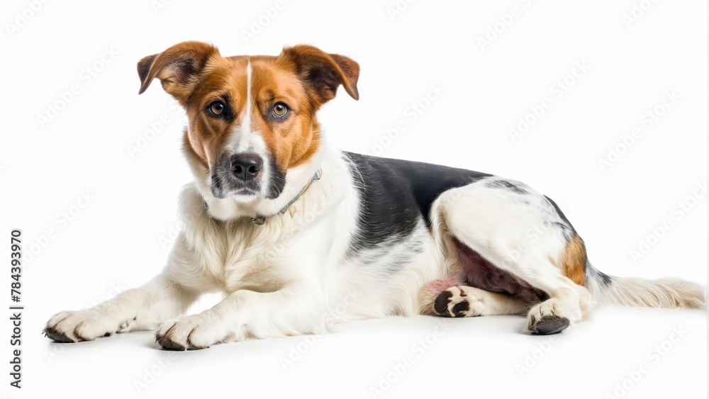   A brown-and-white dog lies on a white floor Nearby, a black-and-white dog rests against a pristine white background