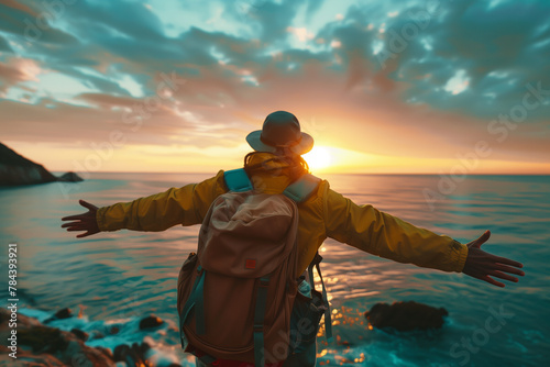 Silhouetted traveler with arms spread facing a sunset seascape, ideal for travel and adventure themes.