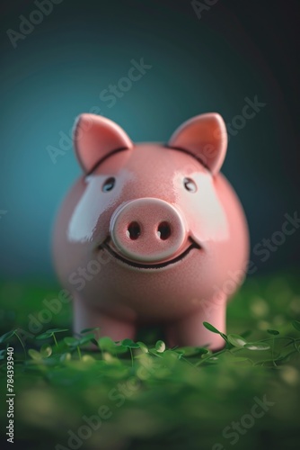 A cute pink piggy sitting on a vibrant green field. Suitable for various farm or animal-related projects