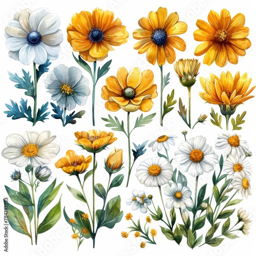 A watercolor drawing of yellow and white flowers in a field and garden. The image is hand-painted on white paper © DZMITRY