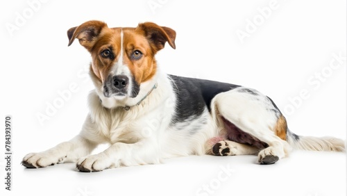   A brown-and-white dog lies on a white floor Nearby, a black-and-white dog rests against a pristine white background © Viktor