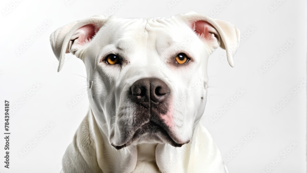   Close-up of a dog's intense face, set against a pristine white backdrop
