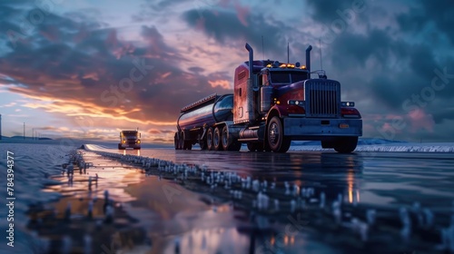 Semi truck driving on wet road, suitable for transportation concepts